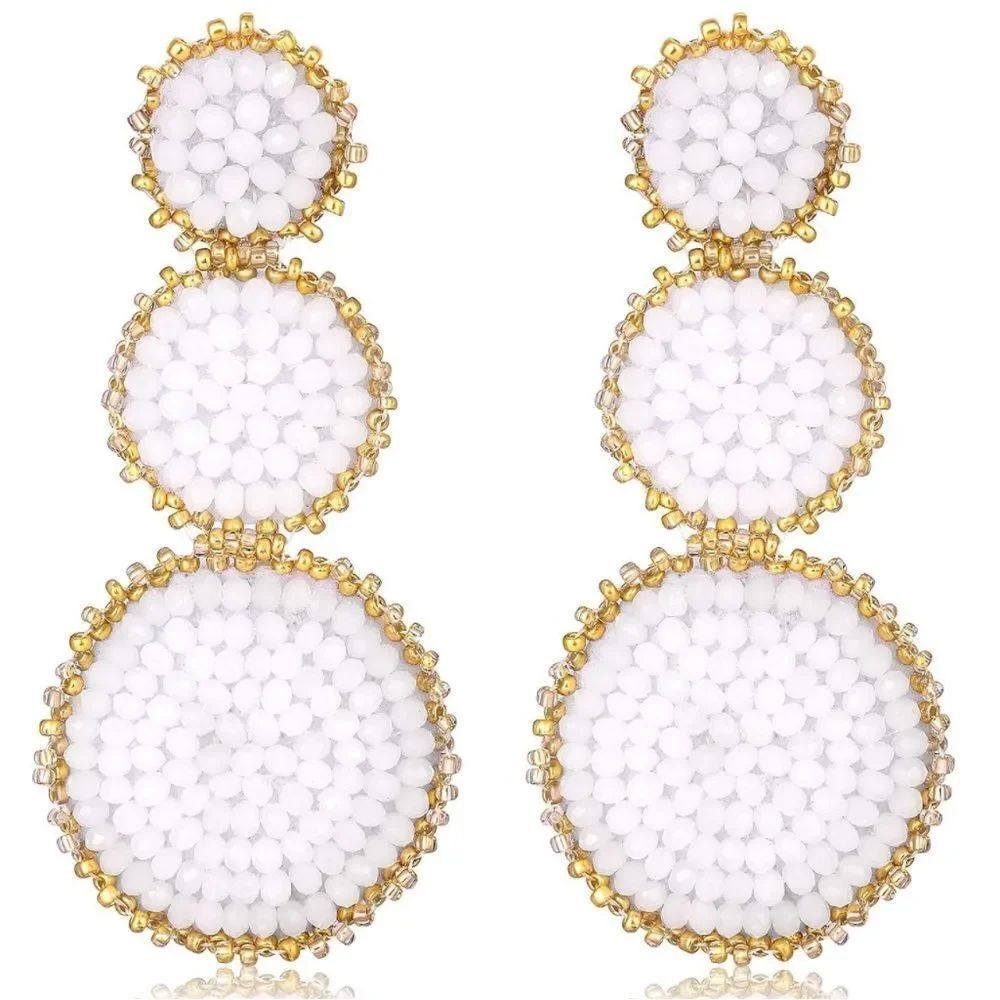 White and Gold Beaded Triple Disc Round Boho Drop Statement Post Back Earrings
